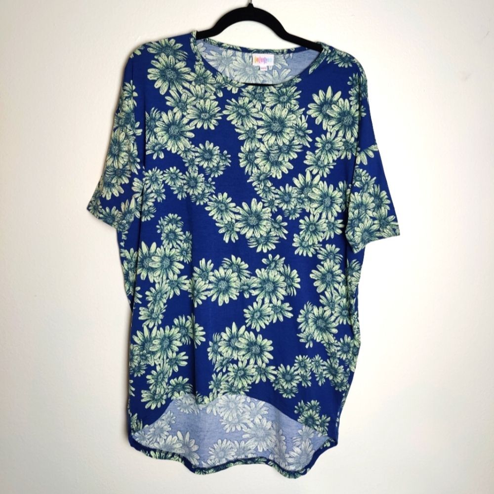 LuLaRoe Irma Top Hi/Lo Loose Fit, Blue Daisy Print, Size XXS